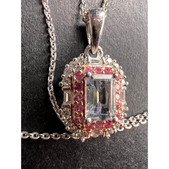 NEW Aquamarine pink sapphire necklace in rhodium and rose gold over 925 silver - Picture 13 of 14